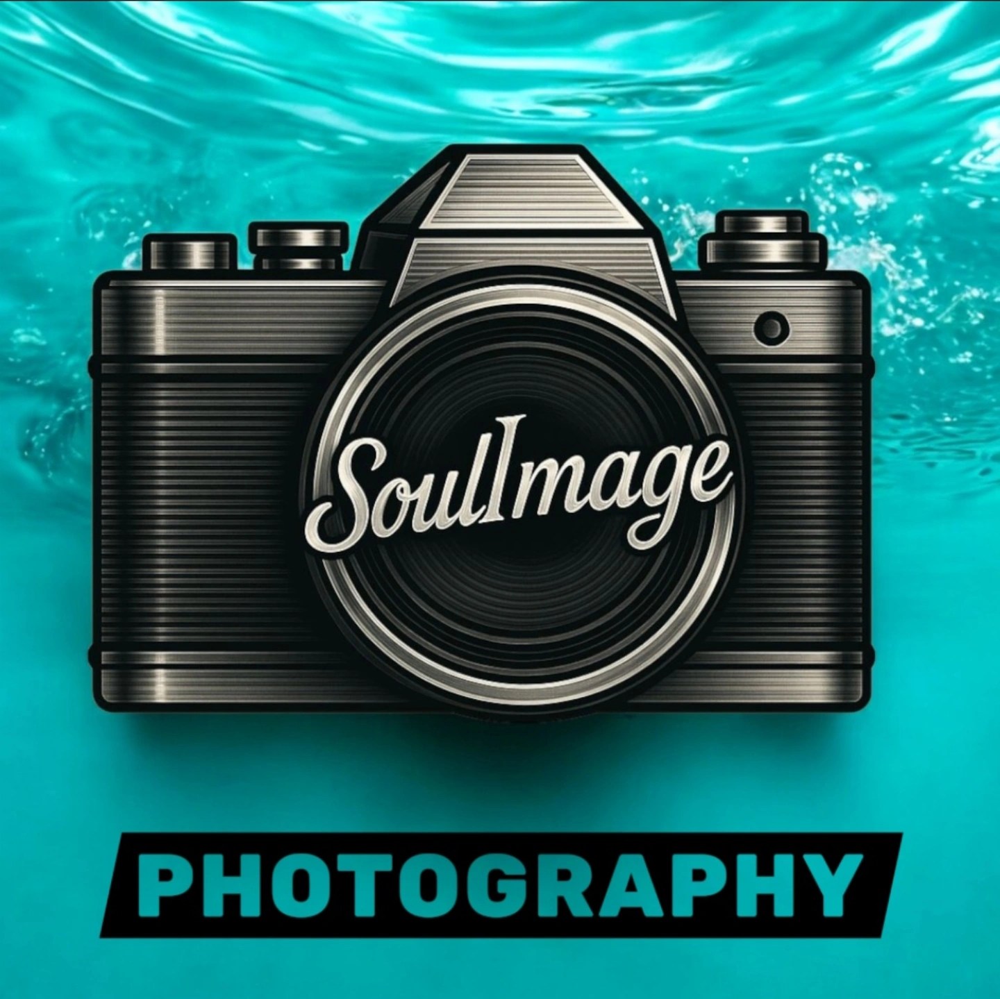 Black camera illustration with "SoulImage" on the lens, and water background & 'Photography" beneath.