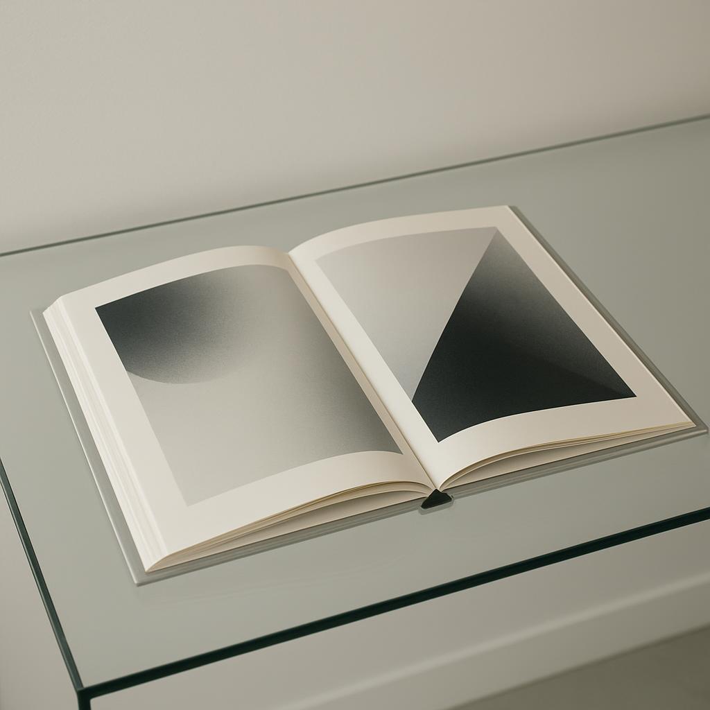An open book with a textured cover featuring geometric shapes printed on its pages. The book is placed on a glass table. T...